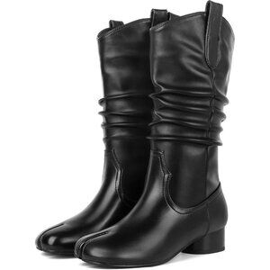 Women's Black Mid Calf Split Toe Slouchy Wrinkled Western Cowgirl Dress Boots